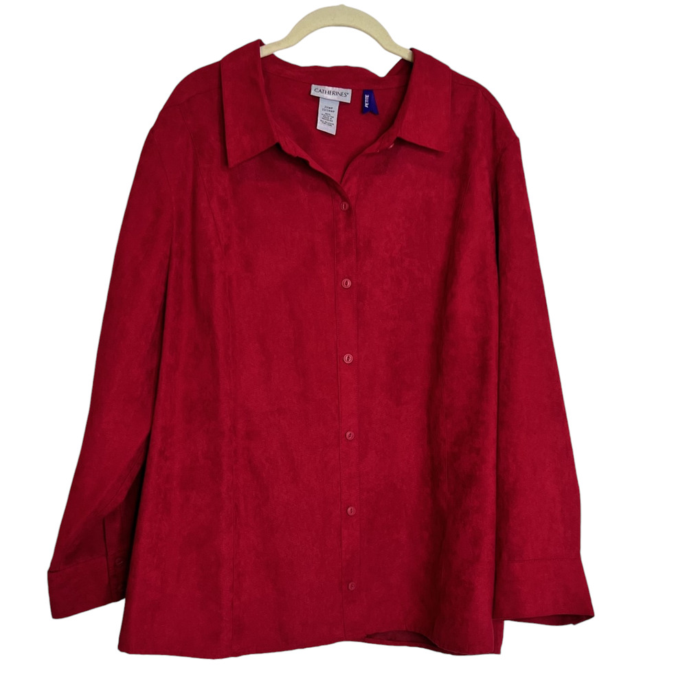 Catherines Womens Microsuede Blouse 2XWP Red Long Sleeve Button Up